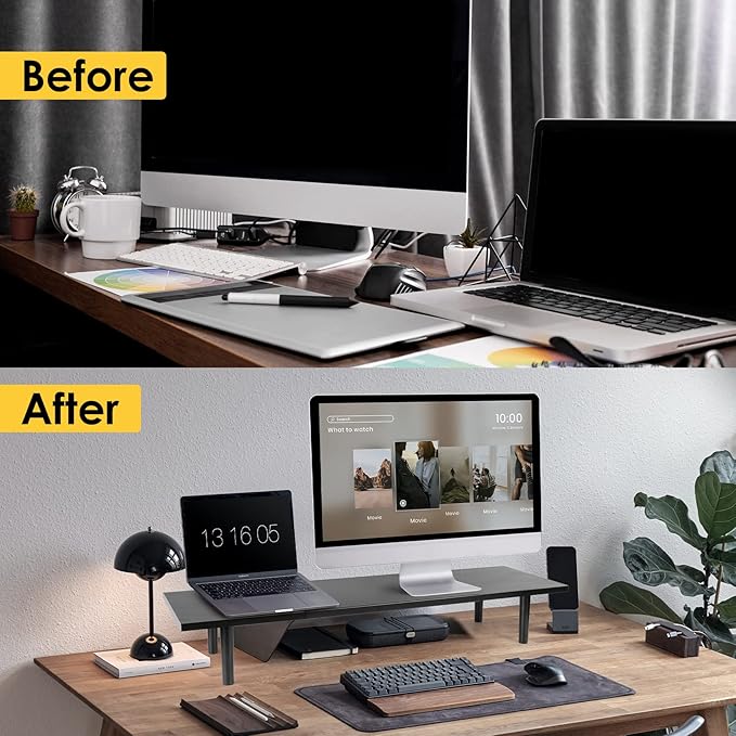 Dual-Monitor-Stand-Riser-For-Desk Adjustable Length 32-40 Inch,Large Desktop Computer Monitor Riser For 2 Screens,Desk Shelf Organizer Riser Stand For Computer/Laptop/PC/Printer/TV Black