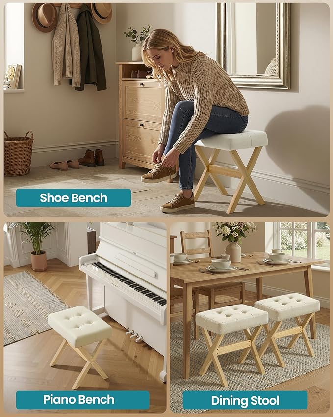 SONGMICS Makeup Stool, Padded Vanity Stool, Foot Rest, Solid Wood X Legs, for Bedroom, Closet, Entryway, 12.6 x 16.5 x 18.1 Inches, Summer Sand and Brown ULSF006LF01