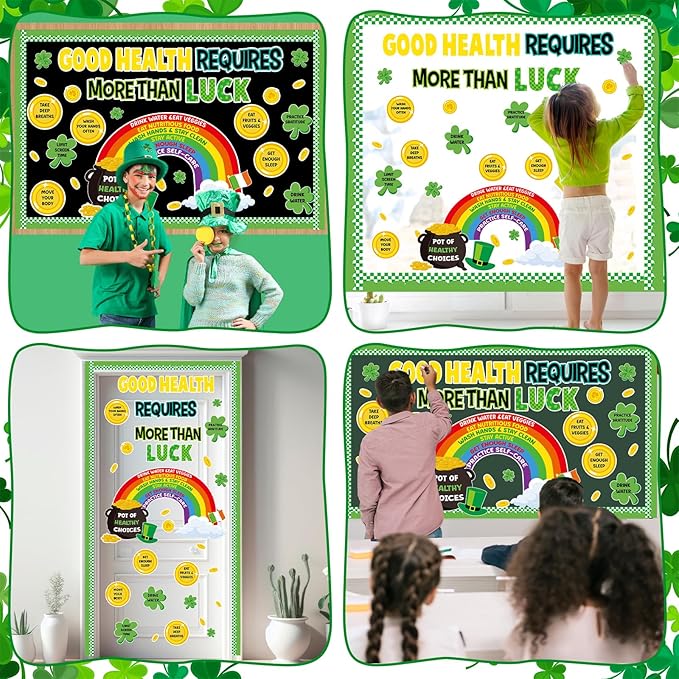 St. Patrick's Day Health Bulletin Board Lucky Shamrock Bulletin Board Decorations Rainbow Gold Coin Paper Cutouts for St. Patrick Party Supplies Home Classroom Chalkboard Wall Door Window Decoration
