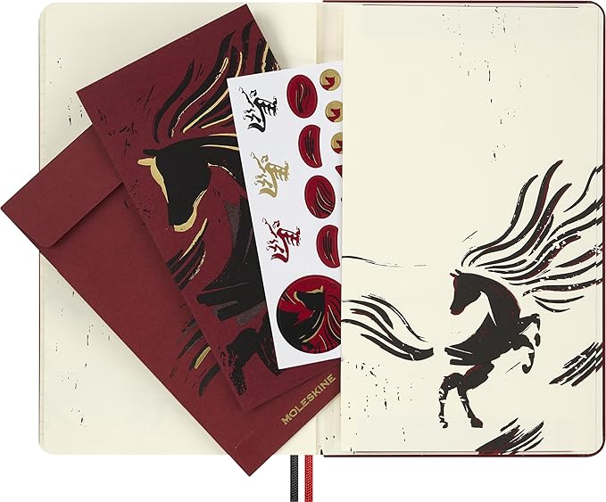 Moleskine Limited Edition Year of the Horse 2026 Woodcut Notebook, Hard Cover, Large (5" x 8.25") Ruled/Lined, Autumn Red, 176 pages