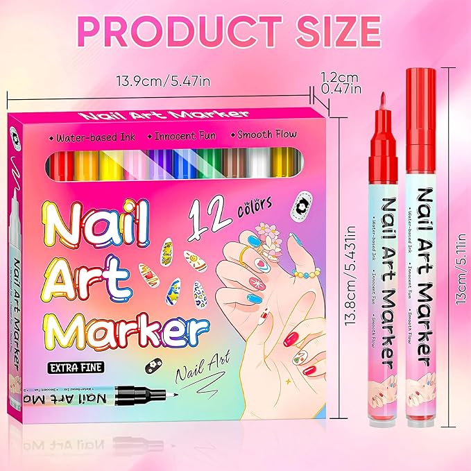 12 Colors Nail Art Pens for Painting Nails Set, Nail Art Markers for Gel Nails, Nail Art Tool for Graffiti Dotting Drawing Painting Point Liner DIY
