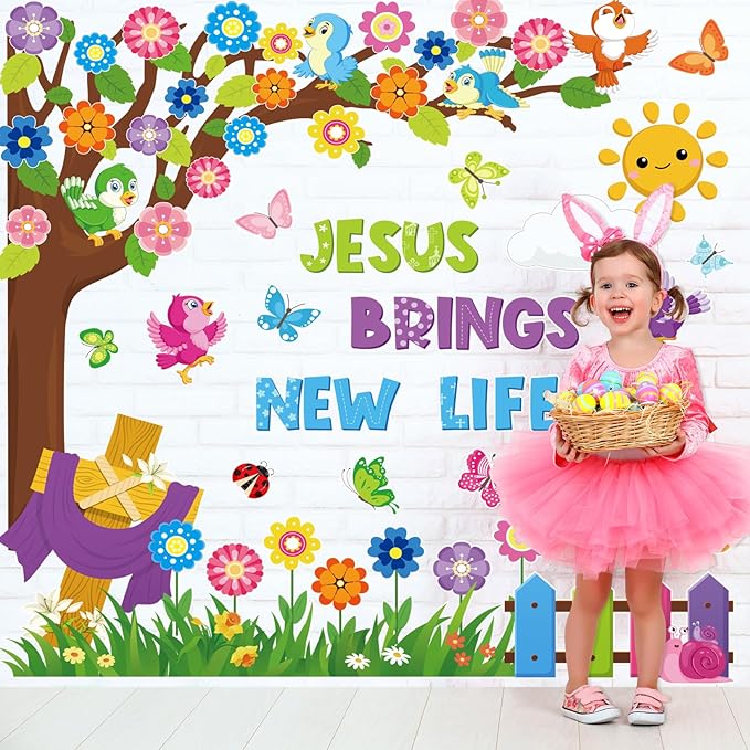 Pajean 112 Pcs Religious Bulletin Board Decorations Classroom Christian Flower Tree Bulletin Board Set Jesus Brings New Life Cutout Bible Vbs Craft for Summer Classroom Sunday School Church Supplies
