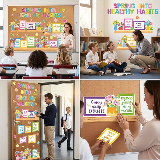 Qilery Spring Healthy Habits Bulletin Board Set Classroom Decorations - Motivational Nutrition Paper Cutouts for Elementary School Nurse Office - Educational Positive Wall Decor for Teachers & Library