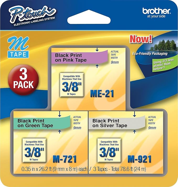 Brother ME793 P-Touch M Tape 3/Pack, Black on Pink, Black on Green, Black on Silver