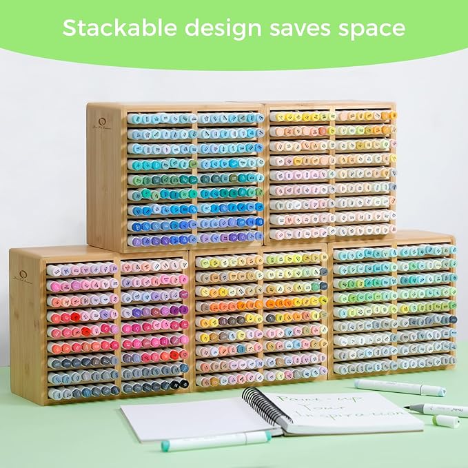 Ohuhu Bamboo Marker Organizer, Wooden Desktop Storage Hold 126 Markers, Pens, Pencils, Art Brushes Stationary Organizer Pencil Holder with 18 Compartments for Home, Classroom, Office Decor