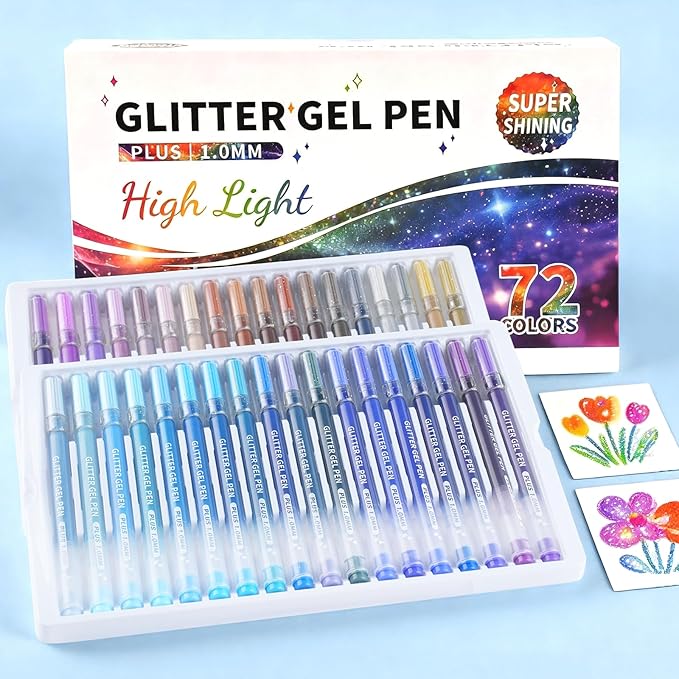 Glitter Gel Pens, 72 Colors Double Shining Colors Glitter Metallic Gel Ink Pen with 1.0 mm Large Capacity Smooth Writing Color Pens for Adult Coloring Note, Drawing, Art Supplies