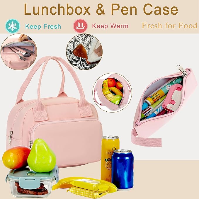 Hidds School Backpack for Teen Girls Women College Laptop Backpacks Kids Cute Bookbag Set with Lunch Box Pencil Case Elementary Middle High Campus Bag 3 Pcs Students Bookbags Sets Travel Daypack-Pink
