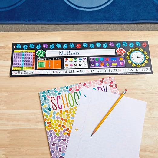 Really Good Stuff 24PK Paw Prints Self-Adhesive Deluxe Plastic Desktop Reference Nameplate with Letters, Numbers, Colors, 2-D and 3-D Shapes, 120 Grid, Left and Right, Base 10 and Time