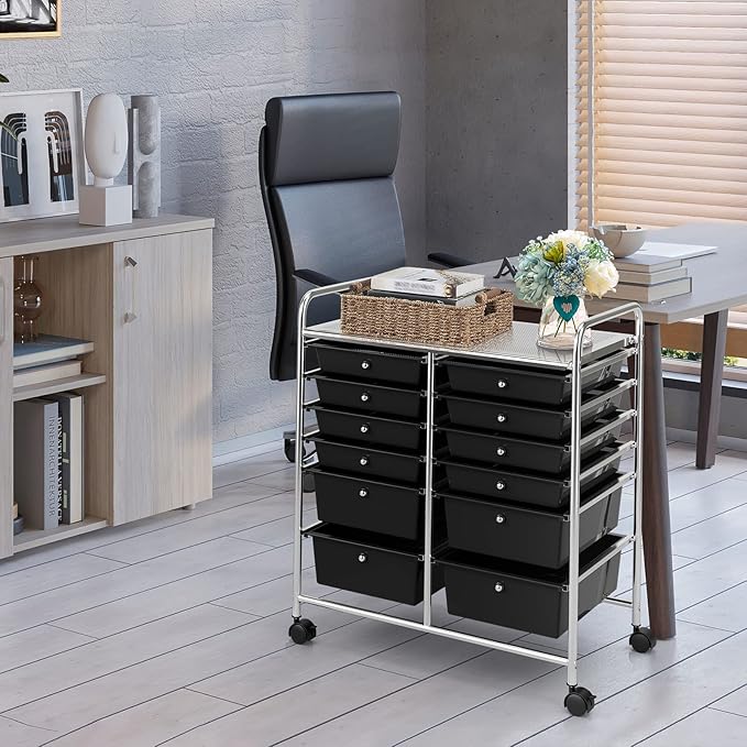 COSTWAY 12-Drawer Rolling Storage Cart, Moveable Art Craft Organizer W/Lockable Wheels, Metal Shelf, Files Arrangement Tools Makeup Storage Cart for Office, Home, School (Black)