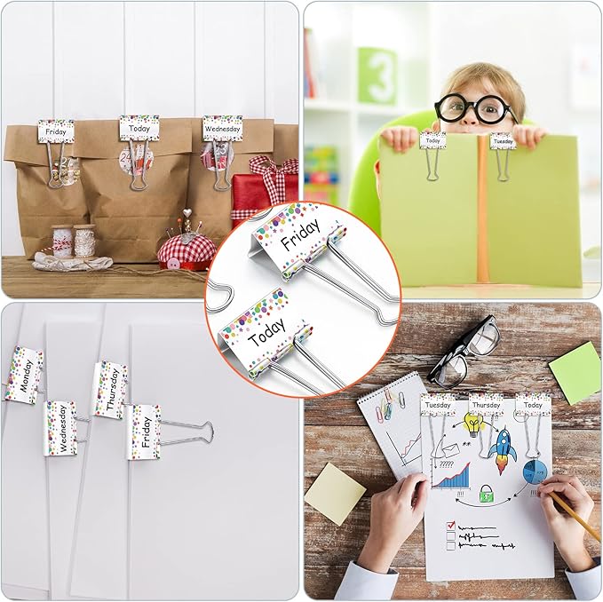 Tenare 6 Pieces Teacher Essentials Large Binder Clips 2 Inches Teacher Binder Paper Clips Office Back to School Gifts Classroom Supplies Management Supplies(Cute Days of The Week)