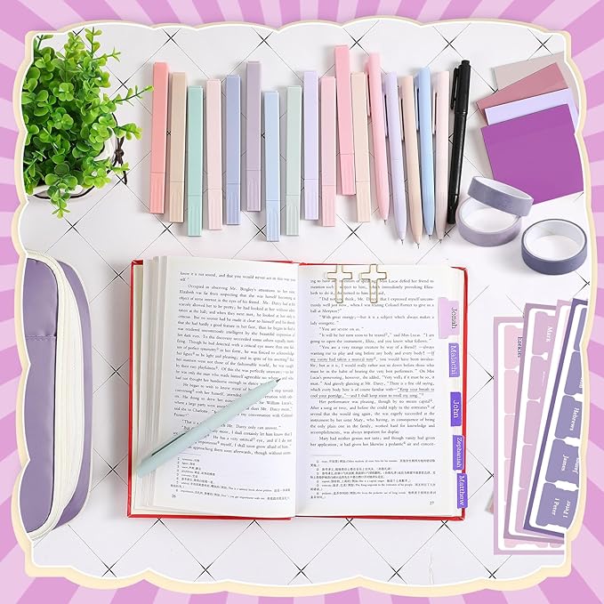 137 Pcs Bible Study Supplies Journaling Kit 1 Pencil Case 12 Highlighters 4 Sticky Notes 6 Gel Pens 35 Paper Clips 3 Tapes 1 Markers 75 Tabs for Christmas Bible School Gifts(Pink Purple)