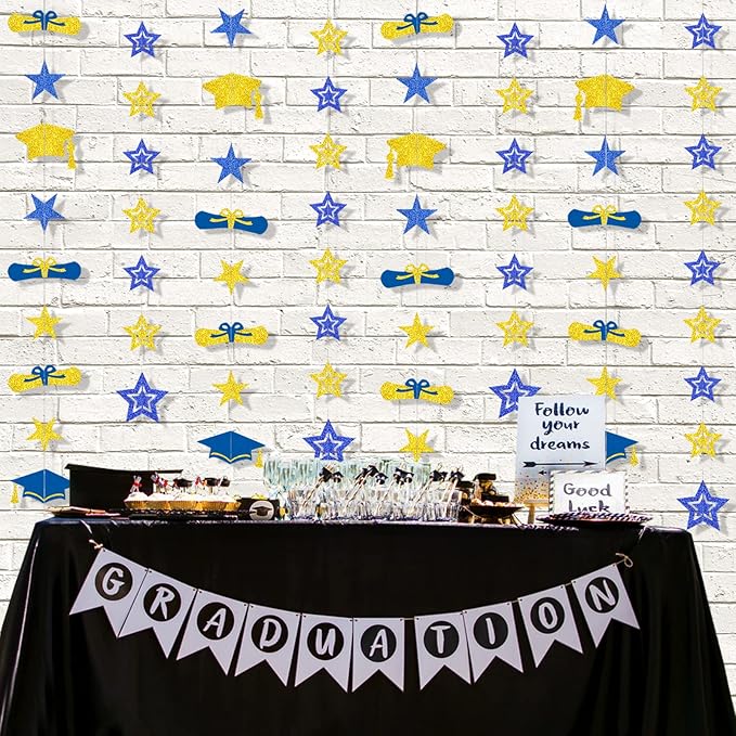 8-Pack 2026 Graduation Party Decorations - Blue Gold Glitter Backdrop with Cap, Diploma & Star Garland Banner Hanging Decor - Perfect for High School, College, and Middle School Graduation Parties