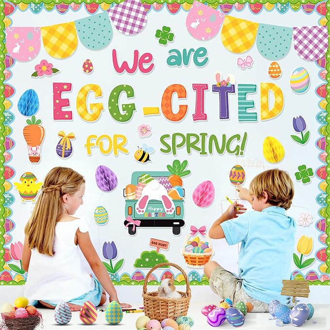 Konsait 67Pcs Easter Bulletin Board Decorations Set, Spring Flowers Borders 3D Eggs Cutouts for School Home Office, Easter Decorations
