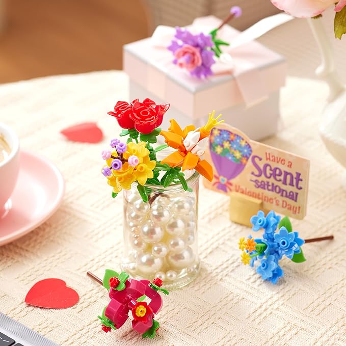 JOYIN 24 Pcs Valentine's Day Flower Bouquet Building Blocks with Cards, 6 Flower Block Designs with 6 Matching Tags, Valentines Day Gifts for Kids School Classroom Exchange Prize Party Favor