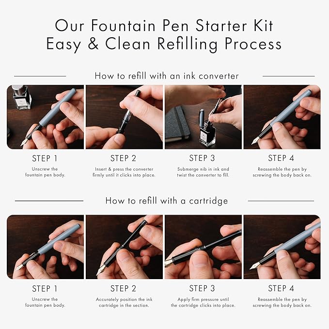 Wordsworth and Black Fountain Pen Set - Grey - Includes 2 Pens, 18 ML Ink Bottle, 60 Ink Cartridges, A Refill Converter, 1 Medium and 4 Broad Nibs, Brush Pen - Fountain Pen Kit for Beginners