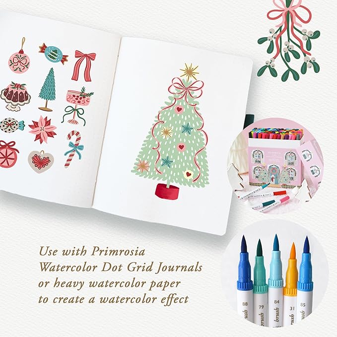 Primrosia 100 Dual Tip Marker Pens, Christmas Edition Gift Box. Fine & Brush Tip Set for Journaling, Calligraphy, Colouring, Sketching & Drawing. Artist Pens in Designer House Keepsake Box