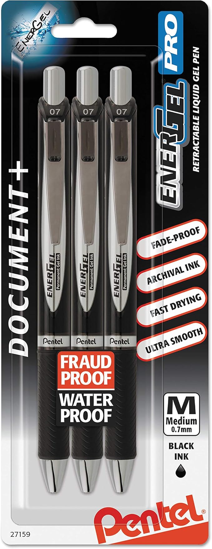 Pentel EnerGel Permanent Gel Ink Rollerball Pen, Black, 3 Pack (BLP77BP3A)