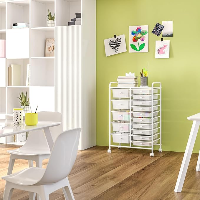 Seville Classics Rolling Utility Organizer Storage Cart, for Home Office, School, Classroom, Scrapbook, Hobby, Craft, 15 Drawer, White