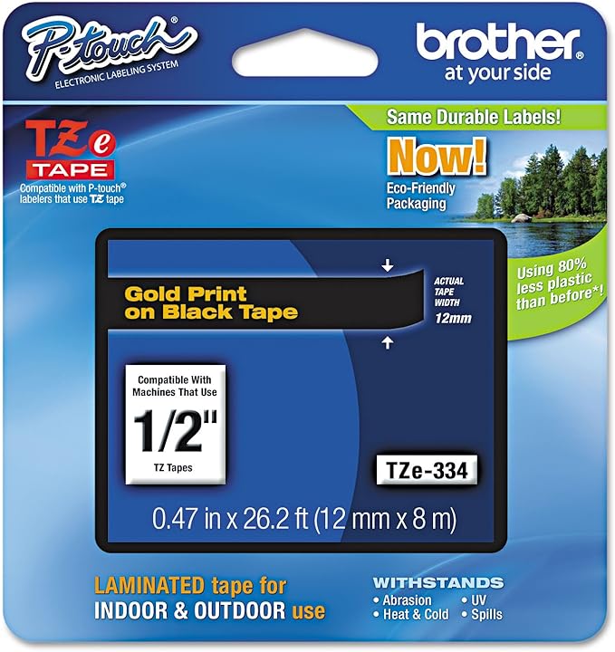Brother 1/2 inch Laminated Gold On Black Tape 1/pkg 26.2 Ft for Tz P-Touch All Tz Machines New