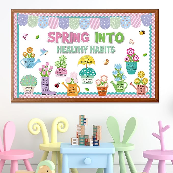 Spring Bulletin Board Decorations Set Spring Into Healthy Habit Bulletin Board Decorations Flowers Birds Butterflies Classroom Paper Cutouts for Shcool Classroom Chalkboard Wall Door Decor