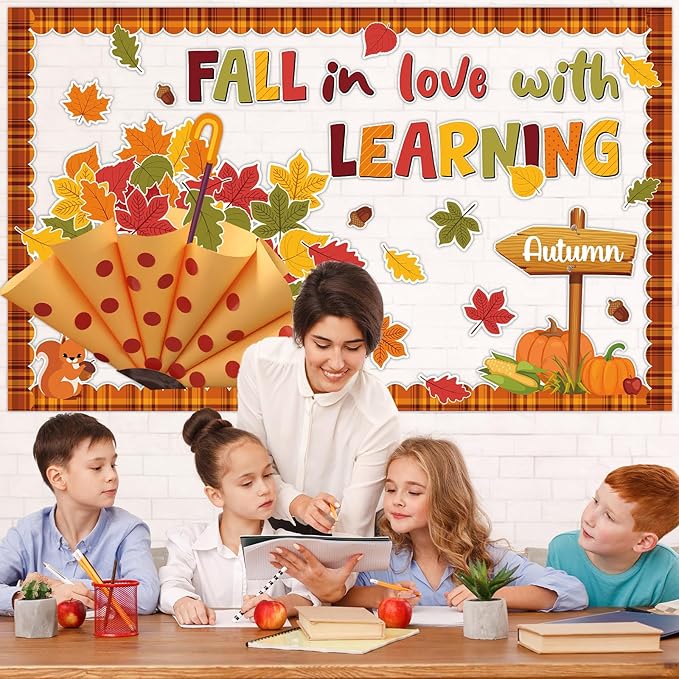 3D Fall Bulletin Board Set Autumn Classroom Decorations Umbrella Cutouts Fall in Love with Learning Paper Cutouts 101Pcs for Thanksgiving School Chalkboard Home Wall Door Teacher Supplies