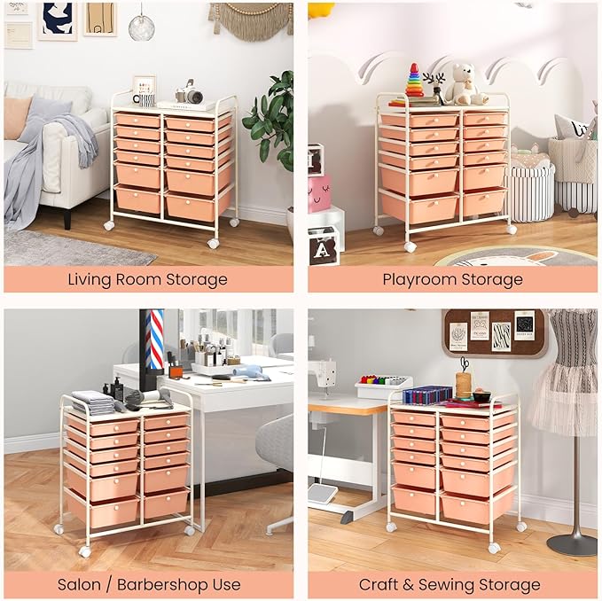 COSTWAY 12-Drawer Rolling Storage Cart, Moveable Art Craft Organizer W/Lockable Wheels, Metal Shelf, Files Arrangement Tools Makeup Storage Cart for Office, Home, School, Peach