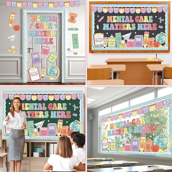 Mental Health Stationery Bulletin Board Decorations Set Pastel Mental Care Matters Here Classroom Decor Back to School Positive Paper Cutouts for School Office Home Teacher Classroom Wall Supplies