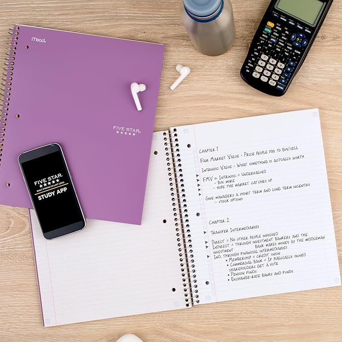 Five Star Spiral Notebook + Study App, 100 Sheets, 1 Subject, College Ruled Paper, Fights Ink Bleed, Water Resistant Cover, 820337-ECM, Purple, Pink, White & Green, 8-1/2" x 11", 4 Pack