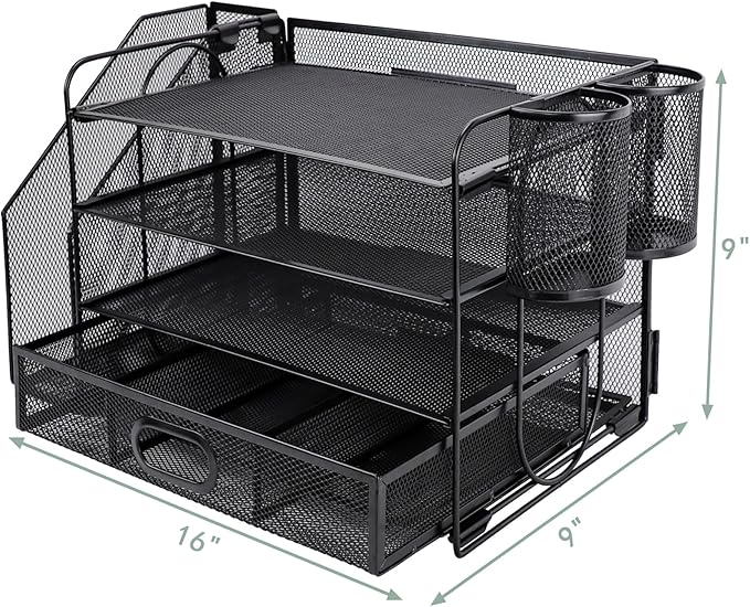 4 Tier Desk File Organiser with Extra Vertical File Sorter, Paper Letter Tray with Top Stationery Drawer Holder, A4 Paper Desktop Filing Trays, Magazine Document Holder for Home Office, Black