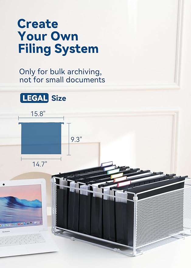 Plastic Extra Capacity Legal Size Hanging File Folders, 2" Expanding Pocket, Heavy Duty for Filing Cabinet, Insertable 1/5-Cut Tabs - 12 Pack
