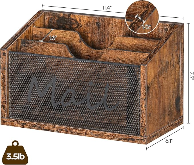 Mail Organizer Countertop, Mail Holder with 3 Slots, Mail Sorter for Desk, Wooden Office Desk Organizer, Mail Organizer for Magazines, Files, Papers, Folders, Rustic Brown and Black MR03BR