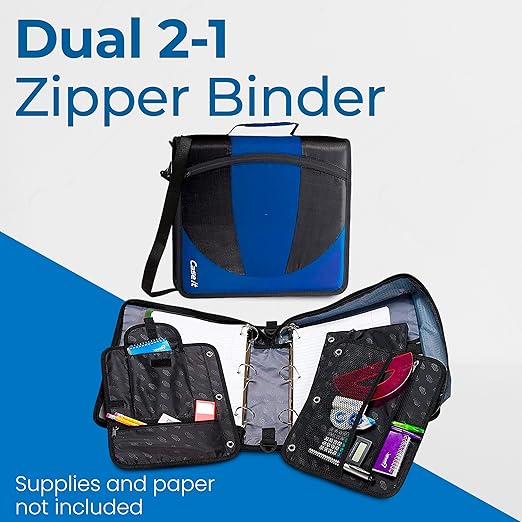 Case-it The Dual 2-in-1 Zipper Binder | Two 1.5-Inch D-Rings, 600 Sheet Capacity, Pencil Pouch & Multiple Pockets | School & Office Organizer with Shoulder Strap | Dual-101 Midnight Blue
