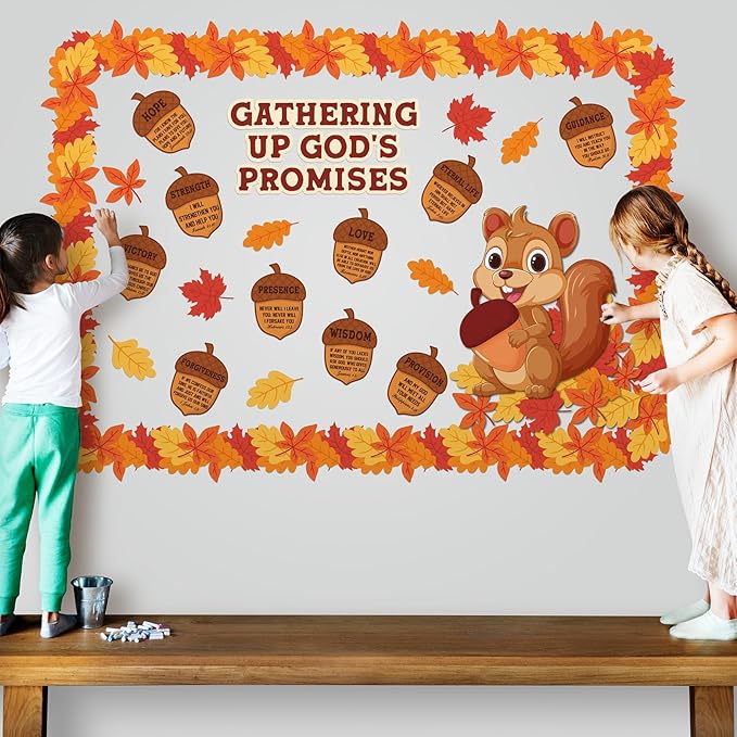 Sayglossy 105 Pcs Fall Thanksgiving Religious Bulletin Board Set Classroom Decorations Squirrel Cutouts Autumn Gathering up God's Promises Christian for Sunday School Church Decor