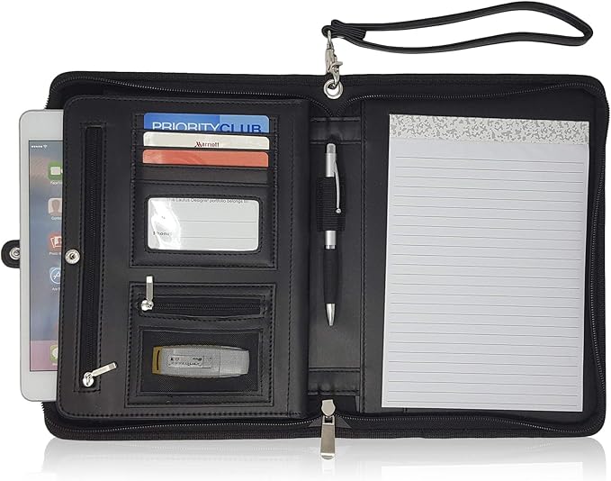 Zippered Leather Portfolio Binder with Junior Legal 5x8 Notepad - Black PU Leather Business Padfolio Organizer Folder with 8 Inch Tablet Sleeve & Gift Box by Lautus Designs