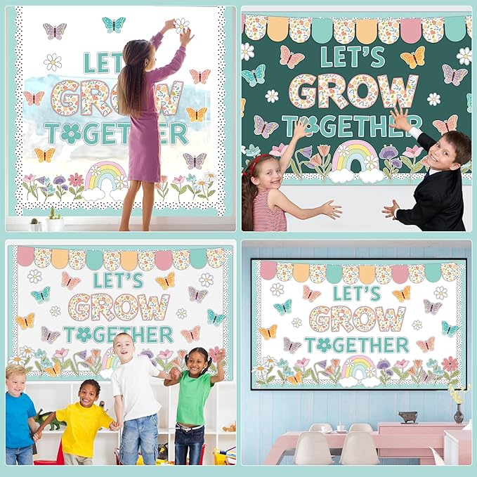 Spring Bulletin Board Decor Set Motivational Let's Grow Together Pastel Flower Butterfly Rainbow Classroom Cutout April Or May Bulletin Board for Back to School Home Nursery Chalkboard Wall Decor