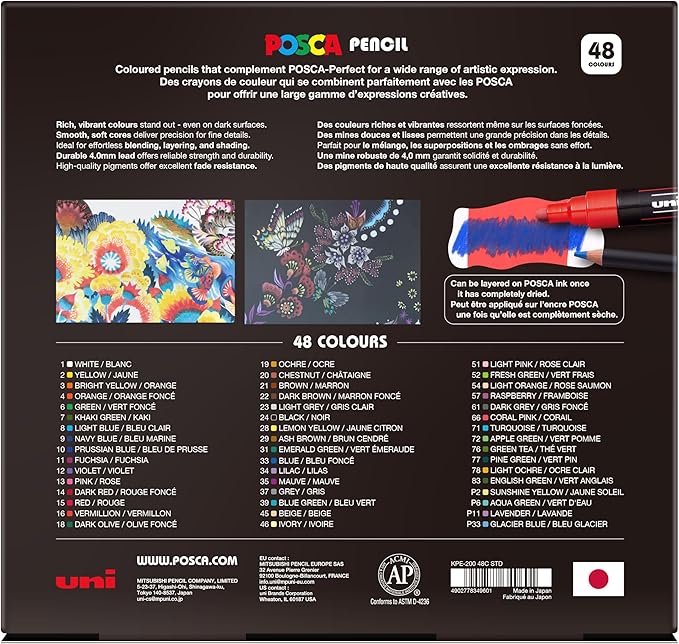 Posca Colored Pencils, Soft Core, Assorted Colors, 48 Count - Durable, Vibrant, Ultra-Smooth, Adult Coloring, Drawing, Sketching, Arts & Crafts