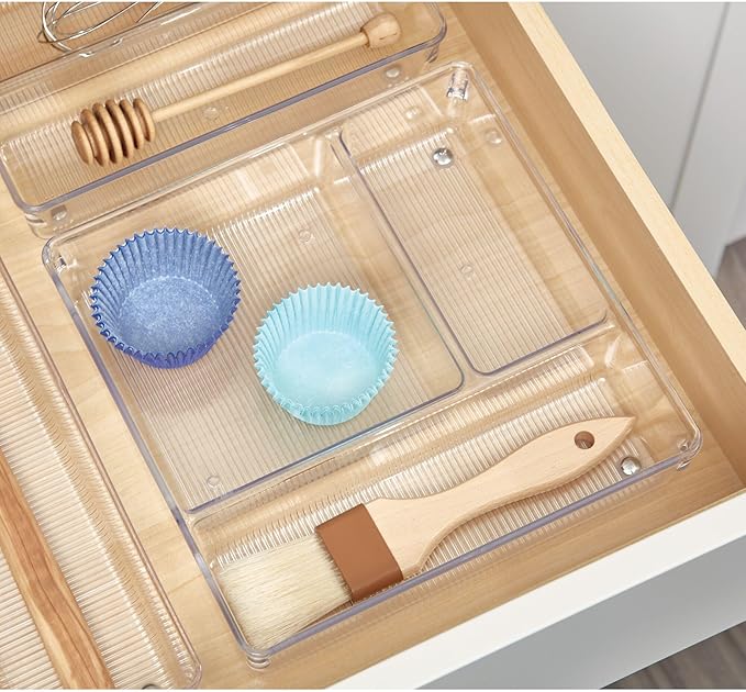 iDesign 3-Section Drawer Organizer for Kitchen, Bathroom, and Desk Drawers - Set of 3 - Clear