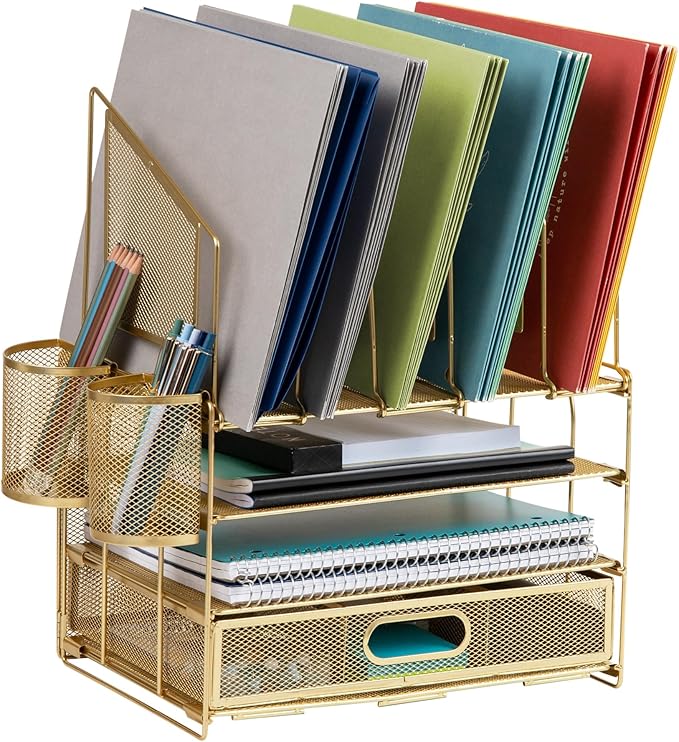 Office Depot® Brand Mesh Desk Organizer With Vertical Storage And Pen Holders, 16" H x 12-3/4"W x 9-1/2"D, Gold