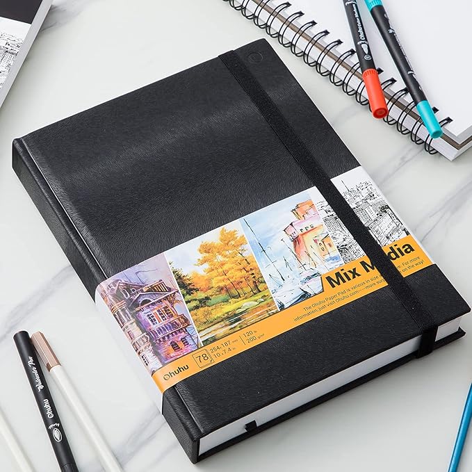 Ohuhu Mix Media Pad - 10"x7.4" Mixed Media Art Sketchbook, 120 lb/200 gsm Heavyweight Papers, 78 Sheets/156 Pages, PU Hardcover Mixed Media Paper Pad for Acrylic Painting Christmas Gift