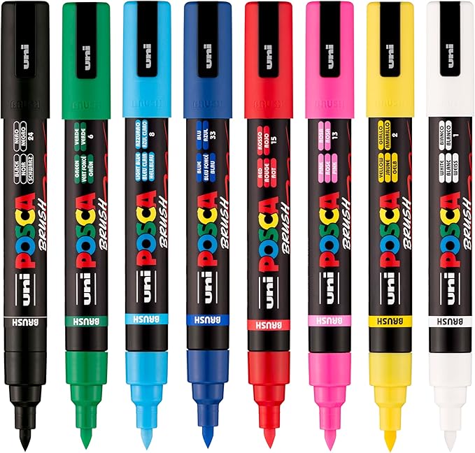 POSCA PC-5BR Water-Based Paint Markers, Reversible Brush Tip (1.0-4.0mm), Assorted Colors, 8 pack