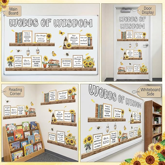 Qilery Sunflower Bulletin Board Decorations Set - Rustic Farmhouse Classroom Decor with Inspirational Quotes Cutouts, Motivational Wall Art for Teachers, Preschool, Library & Spring School Supplies