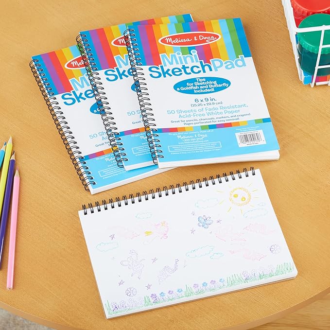Melissa & Doug Mini-Sketch Pad, Spiral-Bound Drawing Paper, 4-Pack Bundle for Coloring, Writing or Painting (6 x 9 inches) 50 Sheets Each, Kids Drawing Pad & Art Supplies for Kids Ages 3+