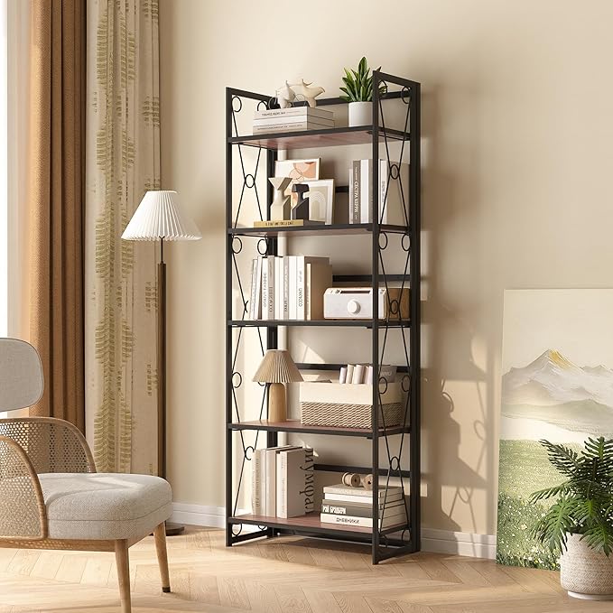 VECELO Folding Bookshelf 5-Tier,Industrial Metal Frame & Wood Shelves,Foldable Bookcase No Assembly Free Standing Storage Organizer for Living Room,Office,Bedroom
