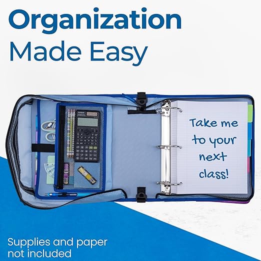 Case-it Mighty Zip Tab School Zipper Binder | 3-Inch O-Rings, 600-Sheet Capacity, 5-Subject Expanding File Folder, Multiple Pockets & Storage Organizer, Shoulder Strap | D-146 Glacier