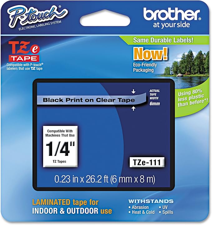 Brother TZE111 TZe Standard Adhesive Laminated Labeling Tape, 1/4-Inch w, Black on Clear