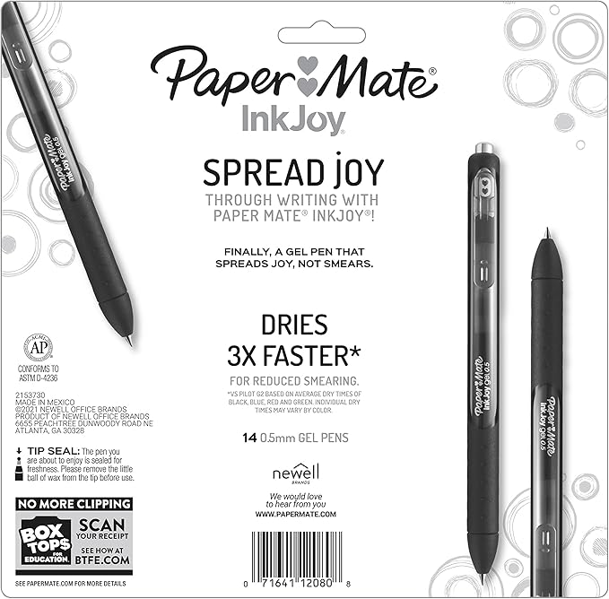 Paper Mate InkJoy Pens,Gel Pens,Fine Point (0.5 mm),Assorted,- Back to School,Teacher Supplies,Writing,Journaling,14 Count (Pack of 12)