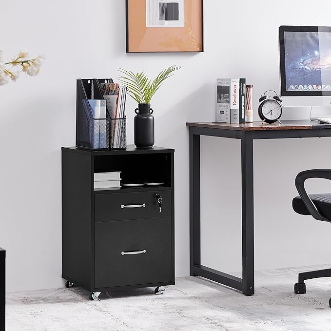 Yaheetech File Cabinet, Under Desk Vertical Cabinet with 2 Drawers and Open Compartment, Printer Stand with Lockable Wheels for A4 Letter Size Hangable File Folders for Home Office(Black)
