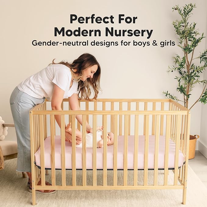 2-Pack Waterproof Crib Sheets for Boys, Girls - 52x28 Fitted Organic Cotton Baby Crib Sheets, Toddler Mattress Protector Cover, Washable, Soft & Durable Baby Bedding Essentials (Mist Rose)