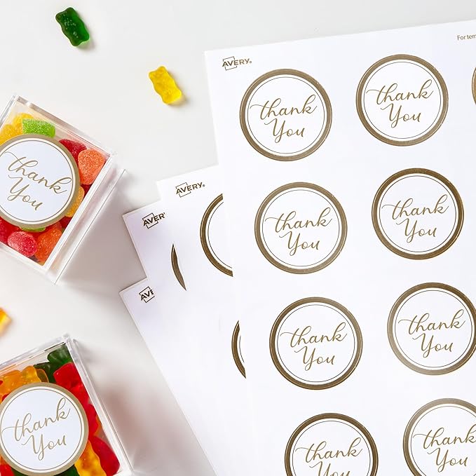 Avery Printable Round Labels, 2" Diameter, Matte White with Metallic Gold Borders, Permanent Adhesive, 120 Blank Labels, Great for Weddings, Showers, Holidays, and More (22875)