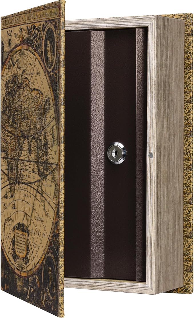 Barska Antique Map Book Safe with Key Lock β Hidden Diversion Lock Box with Magnetic Closure β Concealed Steel Compartment for Cash, Jewelry, and Valuables β Home or Office Security